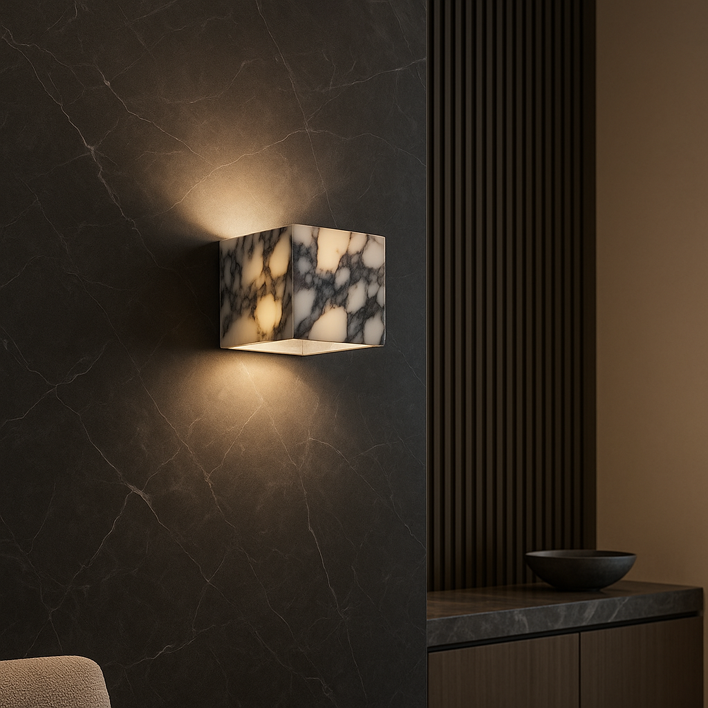 Applique Murale Cube en Marbre | Design Minimaliste LED Blanc Chaud