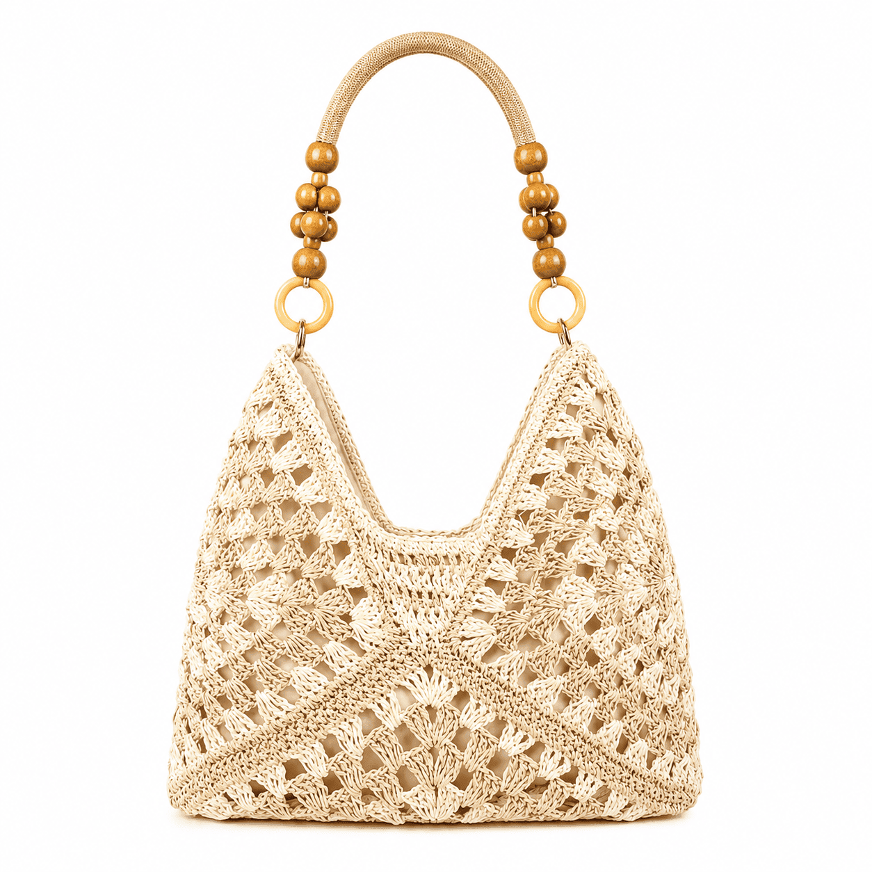 Häkel-Umhängetasche Granny Square mit Holzgriff – Schwarz Creme Braun Beige