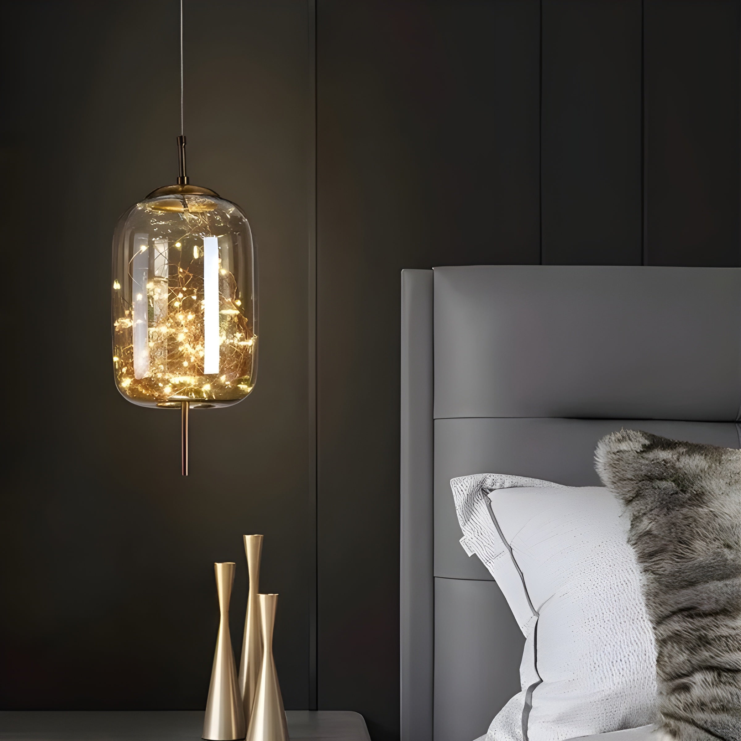 CrystalBeam Suspension LED Effet Étoile Scintillante | Verre Fumé Gris Froid