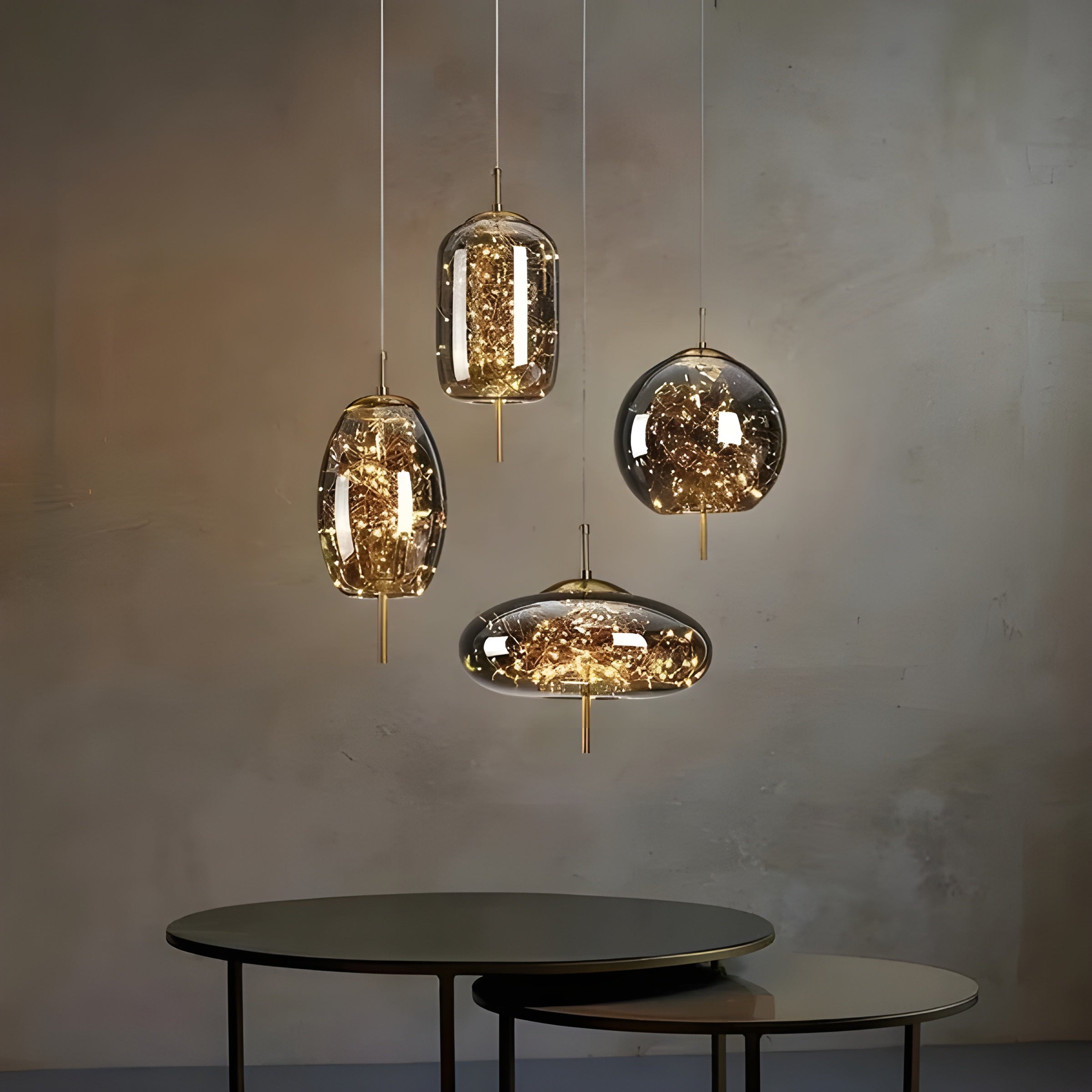 CrystalBeam Suspension LED Effet Étoile Scintillante | Verre Fumé Gris Froid