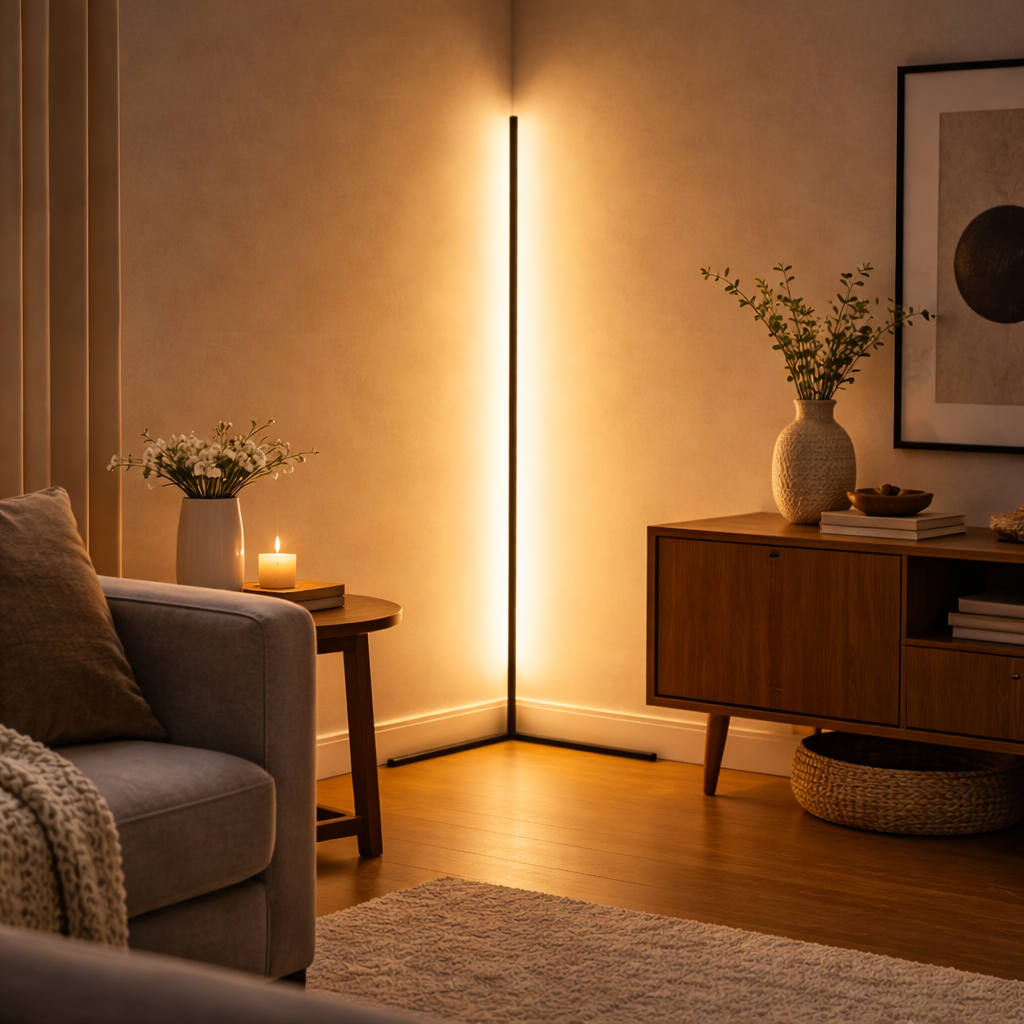 Lampadaire Coin Dimmable Télécommande | Lumière Indirecte Noir Blanc Chaud
