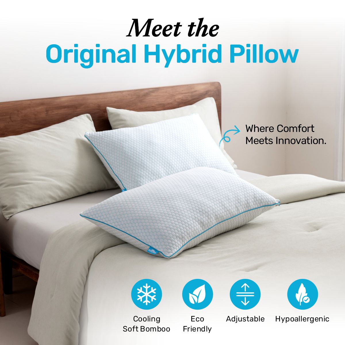 Oreiller Hybride Mémoire de Forme Double Face — Soutien Cervical et Fraîcheur