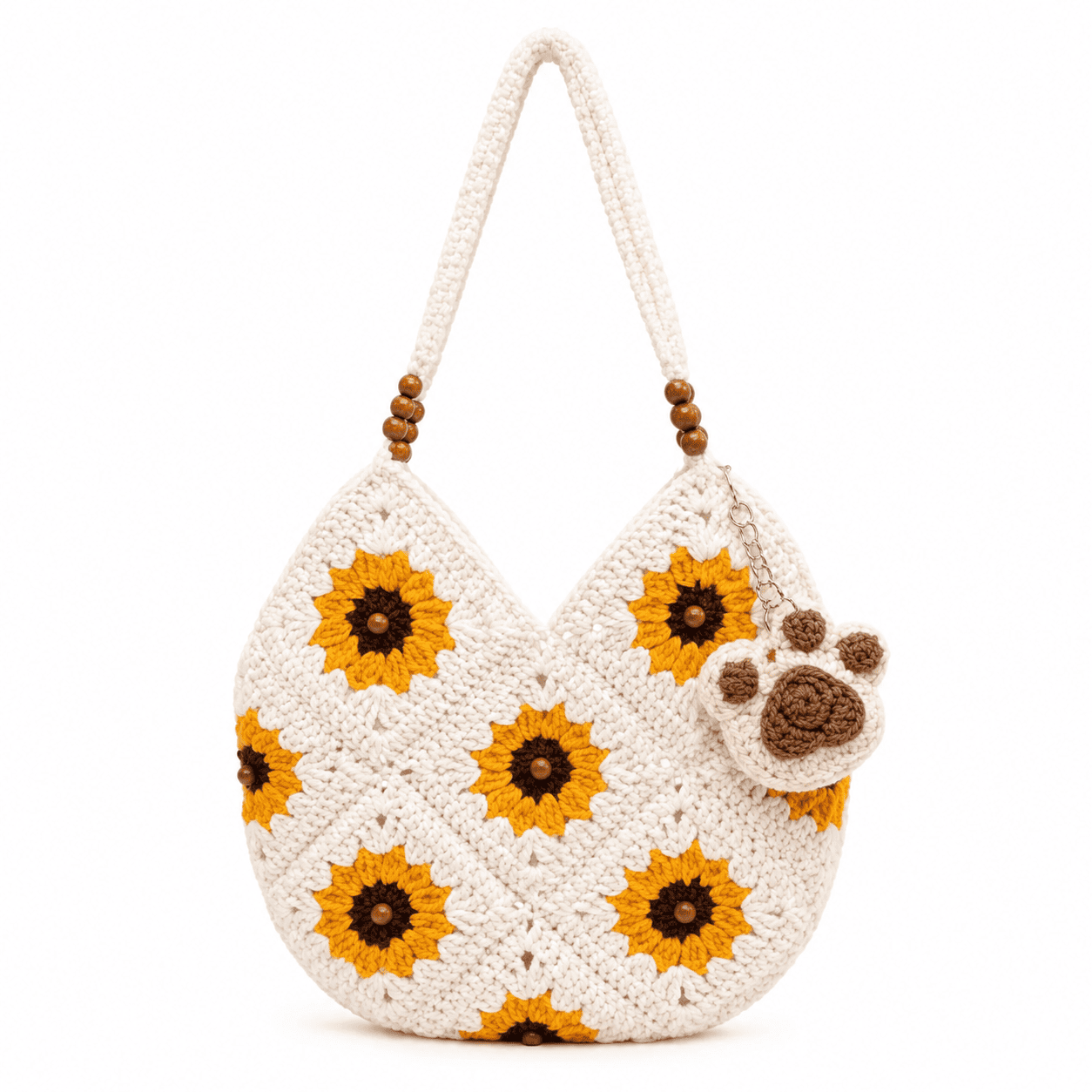 Häkel-Tragetasche mit Sonnenblumen – Sommer Schultertasche mit Holzperlen