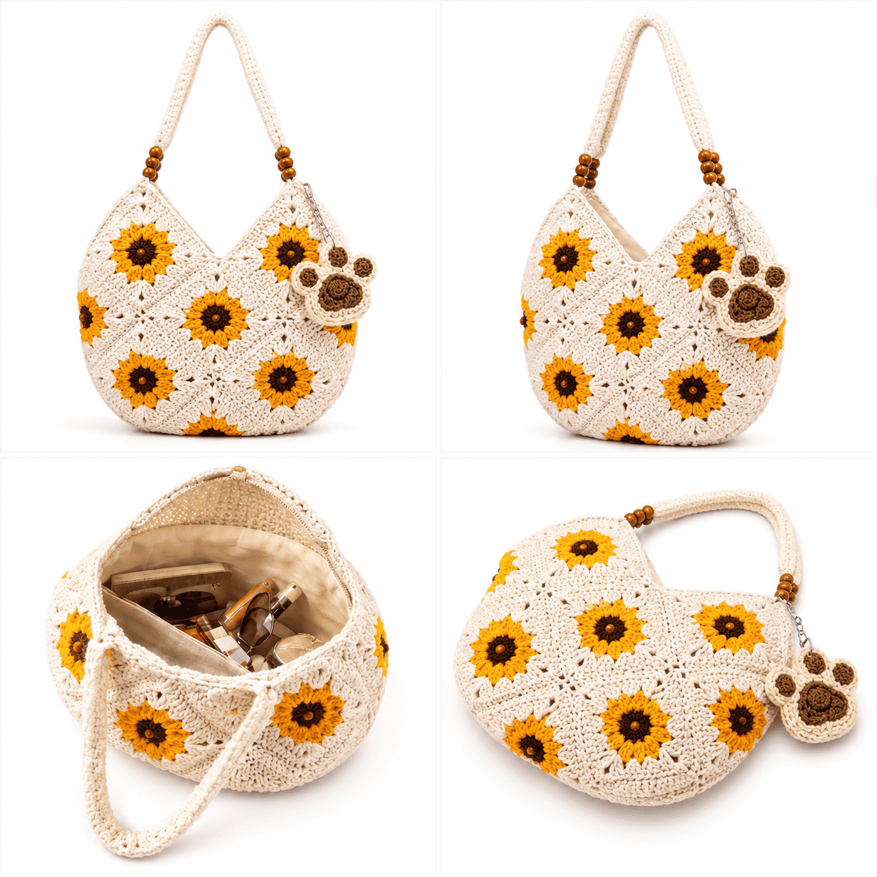 Häkel-Tragetasche mit Sonnenblumen – Sommer Schultertasche mit Holzperlen