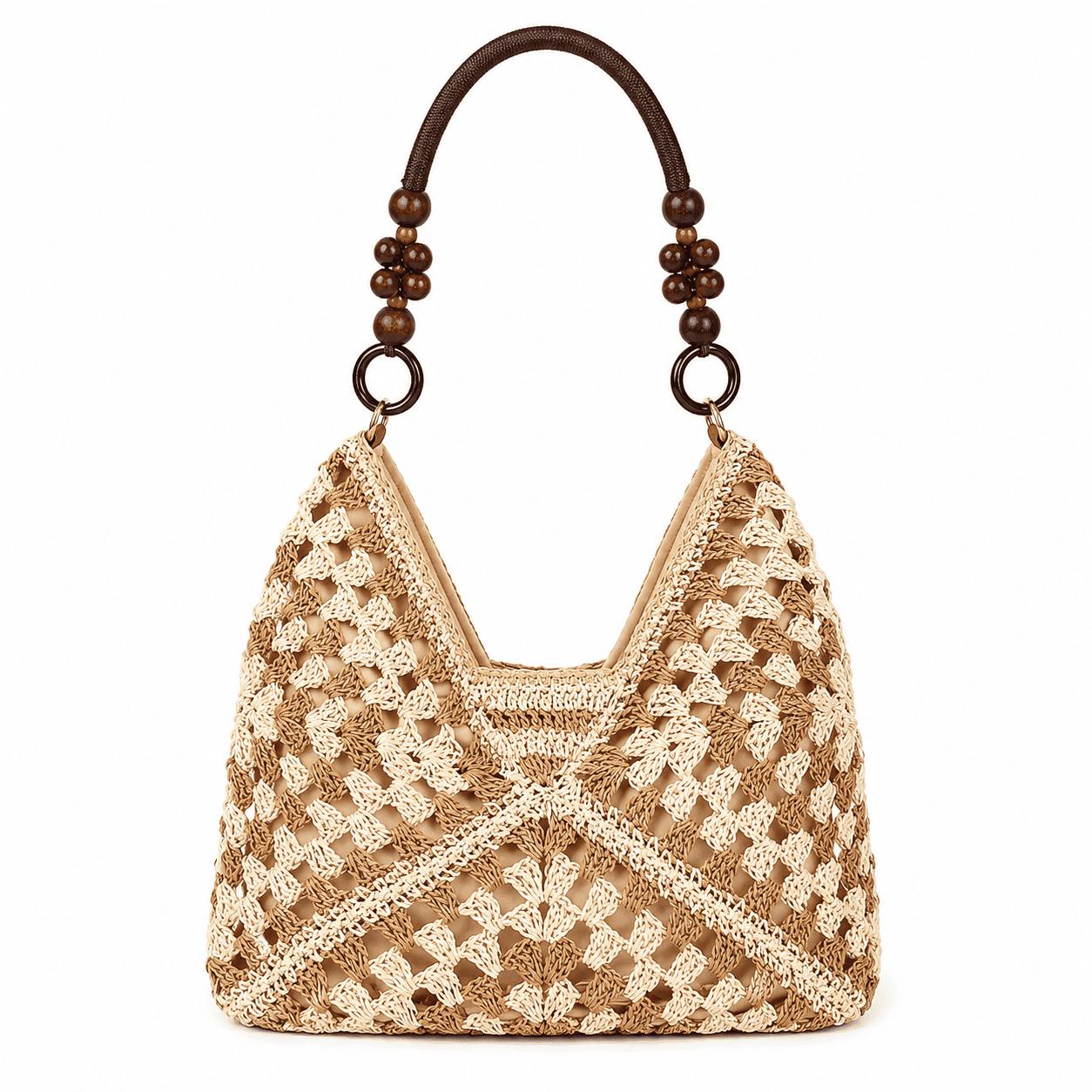 Häkel-Umhängetasche Granny Square mit Holzgriff – Schwarz Creme Braun Beige