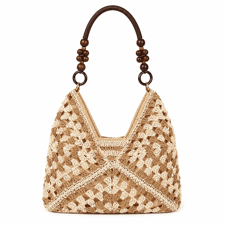 Häkel-Umhängetasche Granny Square mit Holzgriff – Schwarz Creme Braun Beige