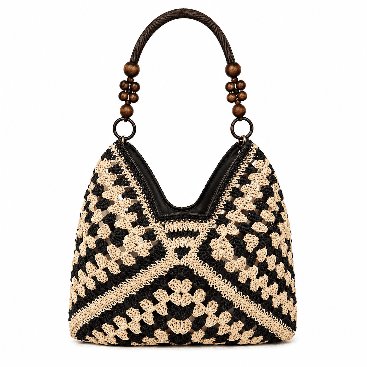 Häkel-Umhängetasche Granny Square mit Holzgriff – Schwarz Creme Braun Beige
