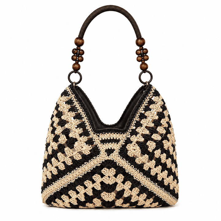 Häkel-Umhängetasche Granny Square mit Holzgriff – Schwarz Creme Braun Beige