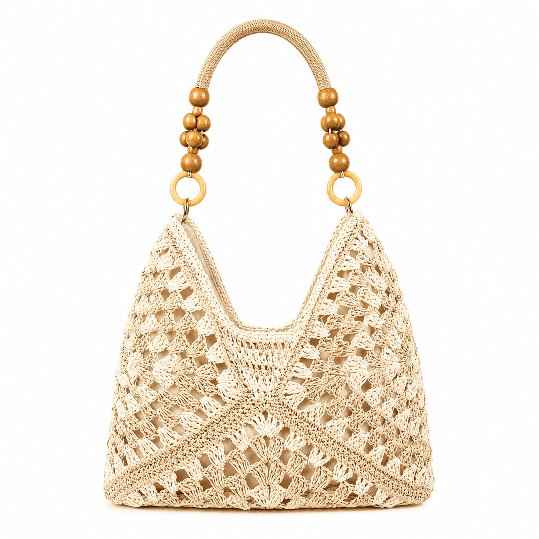 Häkel-Umhängetasche Granny Square mit Holzgriff – Schwarz Creme Braun Beige
