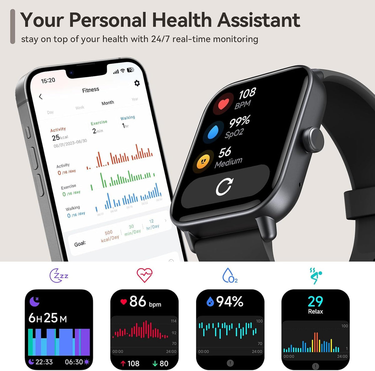 Montre Connectée Fitness Tracker — Suivi Santé Sport et Sommeil