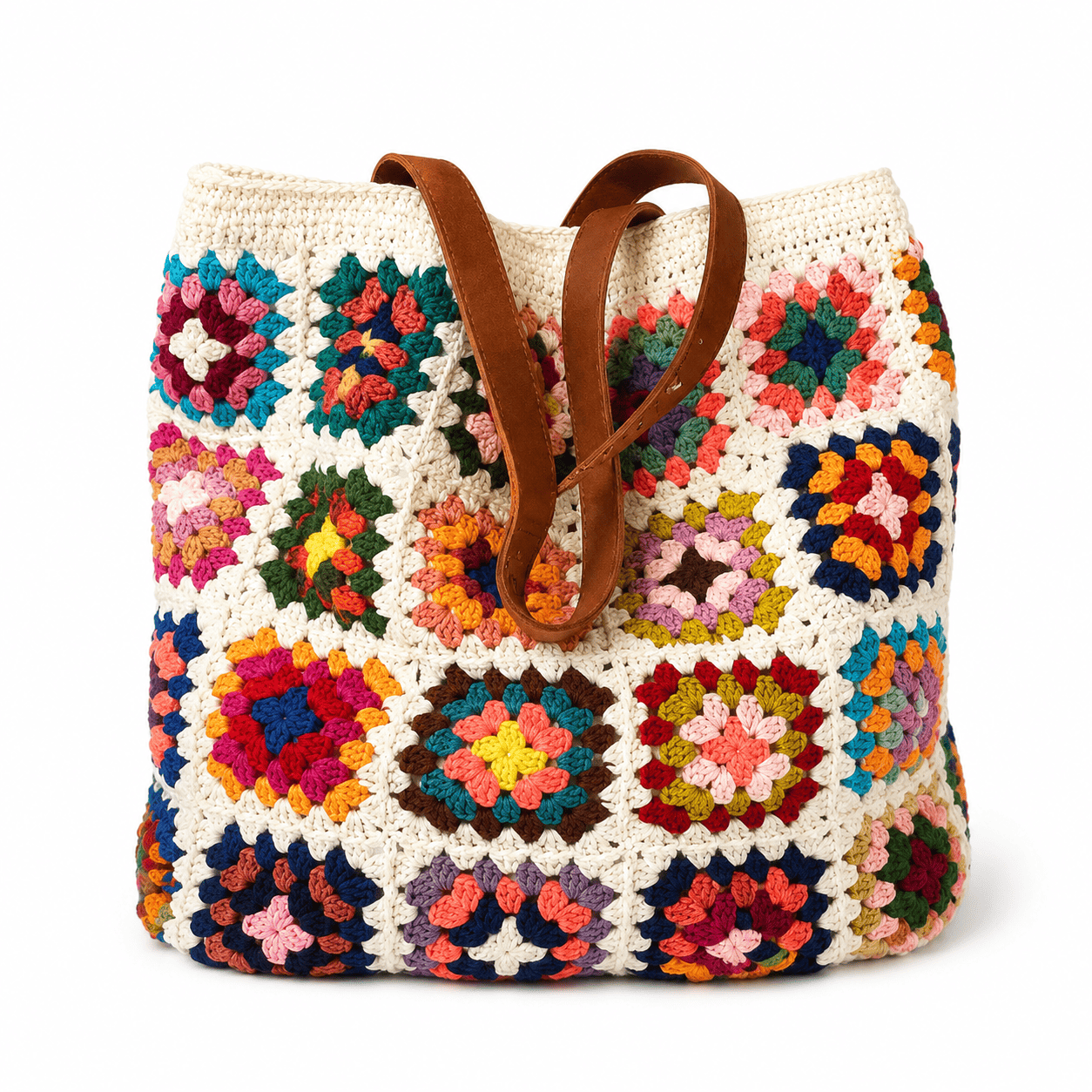 Häkel-Tragetasche Granny Square – Boho Einkaufstasche mit Baumwollfutter