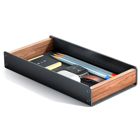 Plateau de Rangement Bureau en Bois Noyer — Organisation Élégante des Accessoires