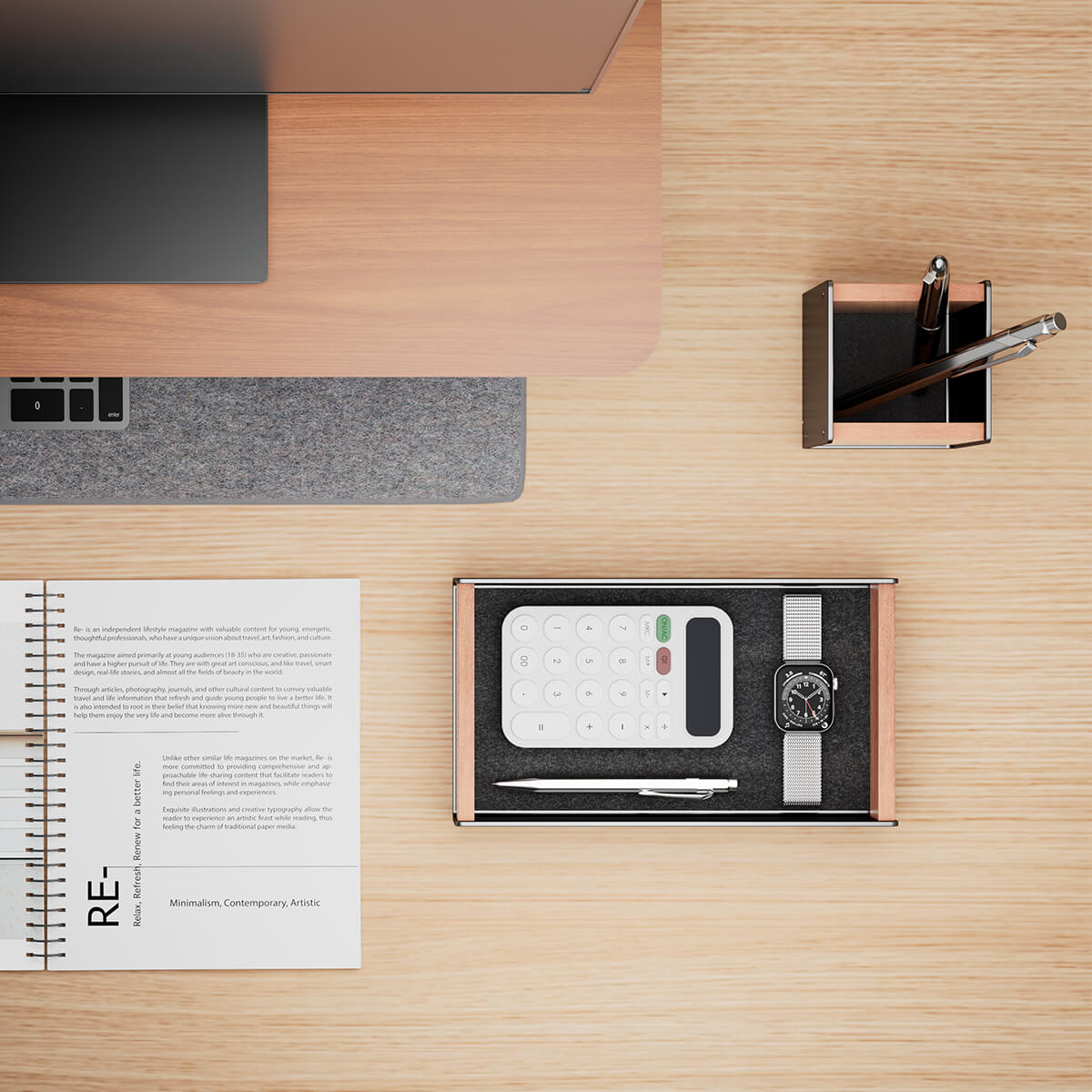 Plateau de Rangement Bureau en Bois Noyer — Organisation Élégante des Accessoires