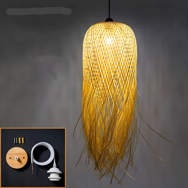 Suspension Bambou Tissé Main | Éclairage Organique Salon de Thé et Restaurant