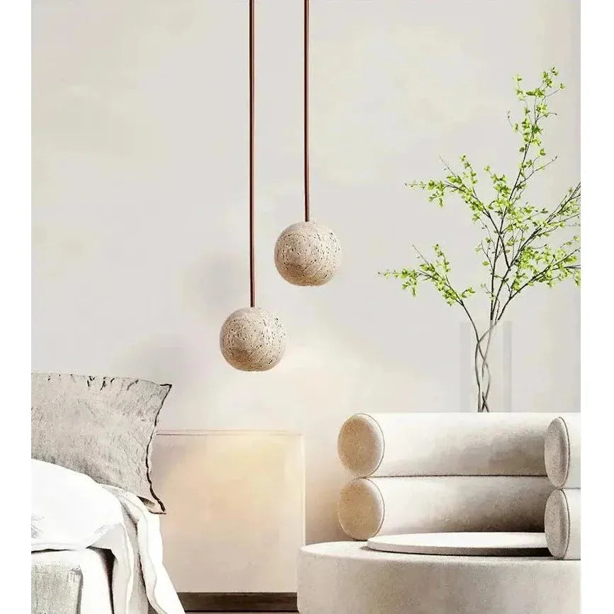 Suspension Travertin Ronde Wabi-Sabi Minimaliste | LED 3000K Lumière Chaude