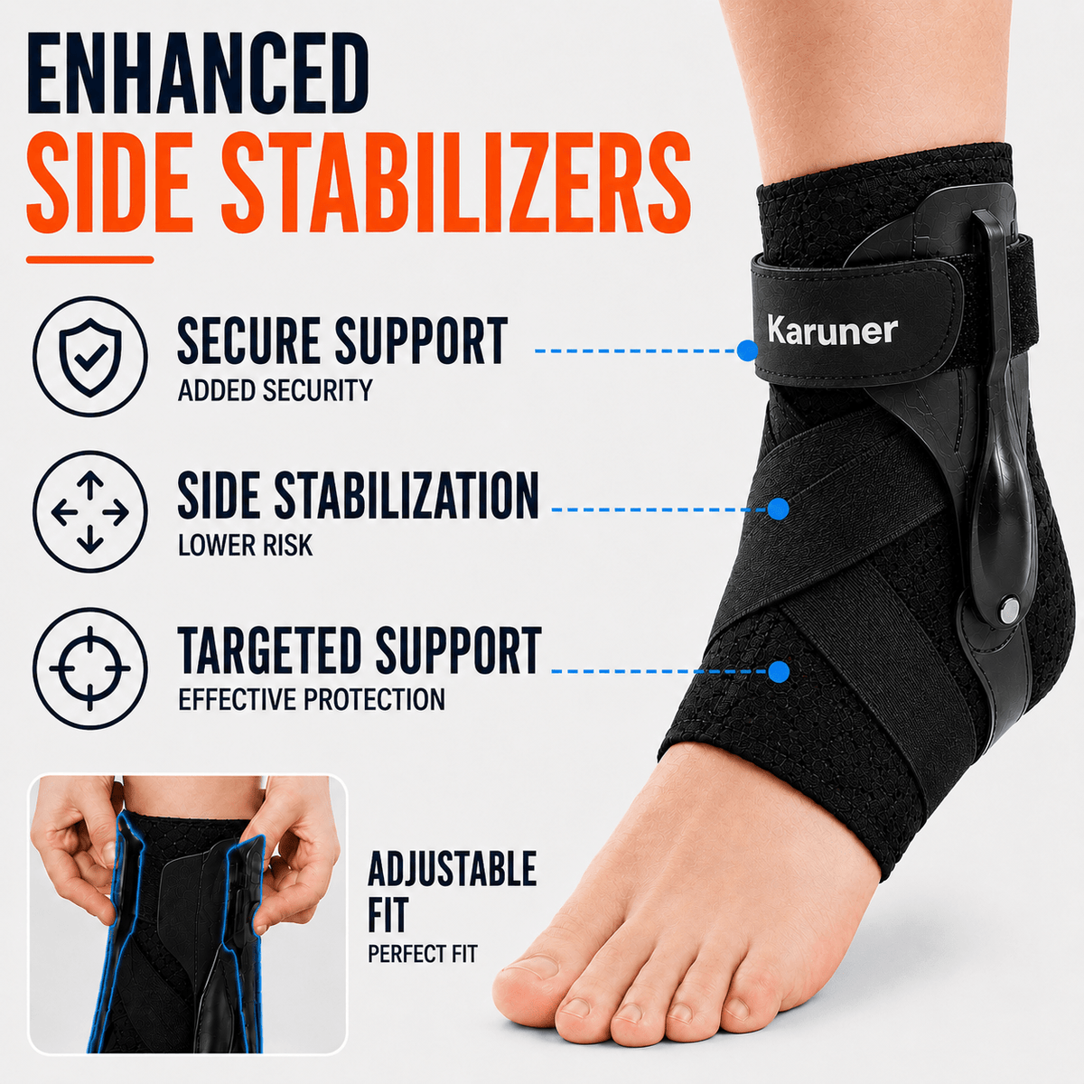 Ankle Brace with Lateral Stabilizers - Low Profile Adjustable