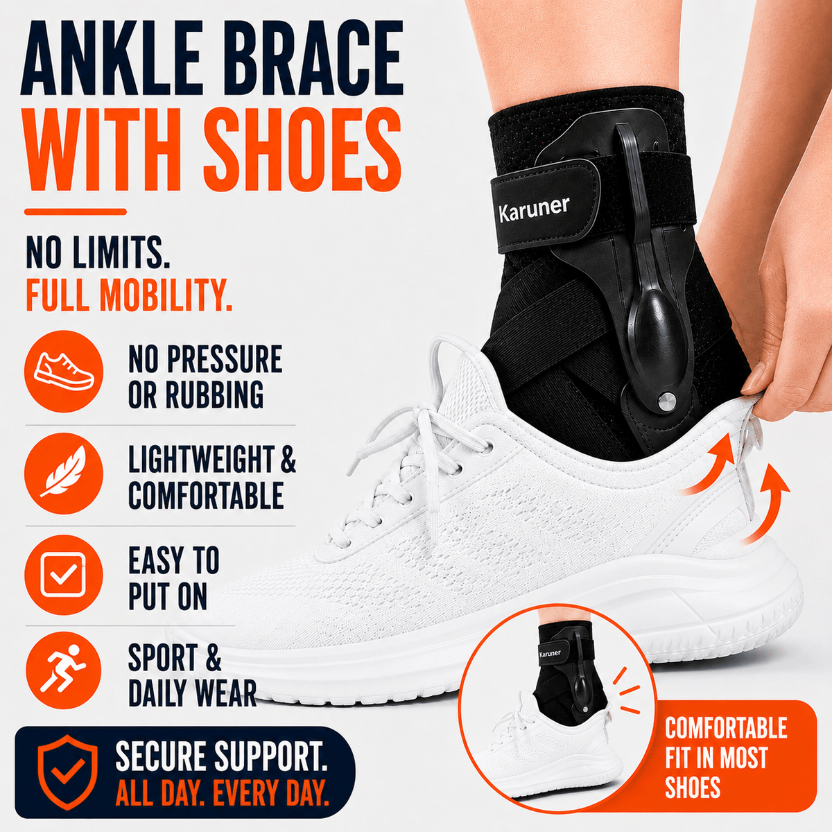 Ankle Brace with Lateral Stabilizers - Low Profile Adjustable