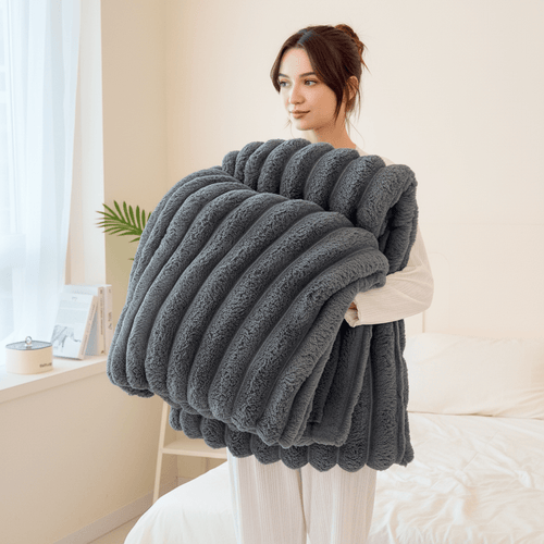 Striped Coral Fleece Blanket - Thick Warm Home Comfort