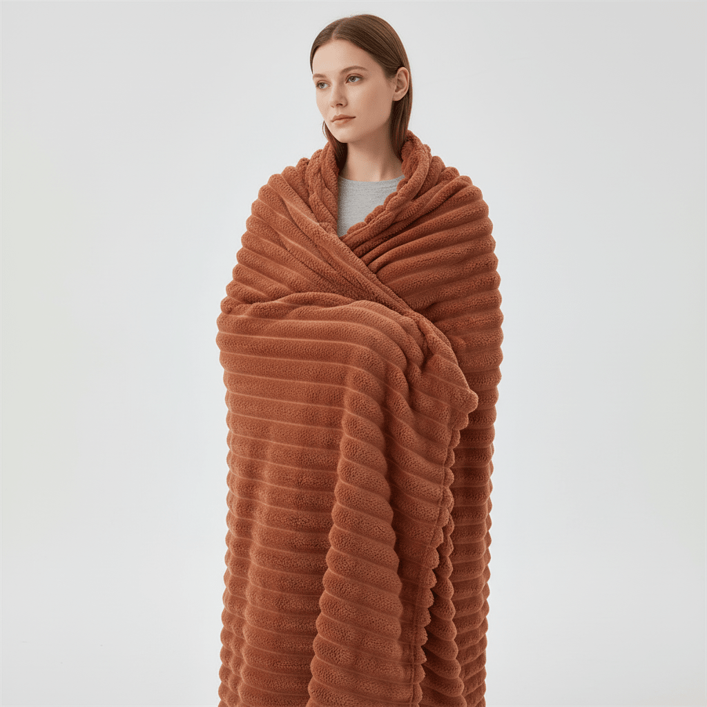 Striped Coral Fleece Blanket - Thick Warm Home Comfort