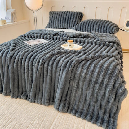 Striped Coral Fleece Blanket - Thick Warm Home Comfort