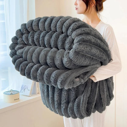 Striped Coral Fleece Blanket - Thick Warm Home Comfort