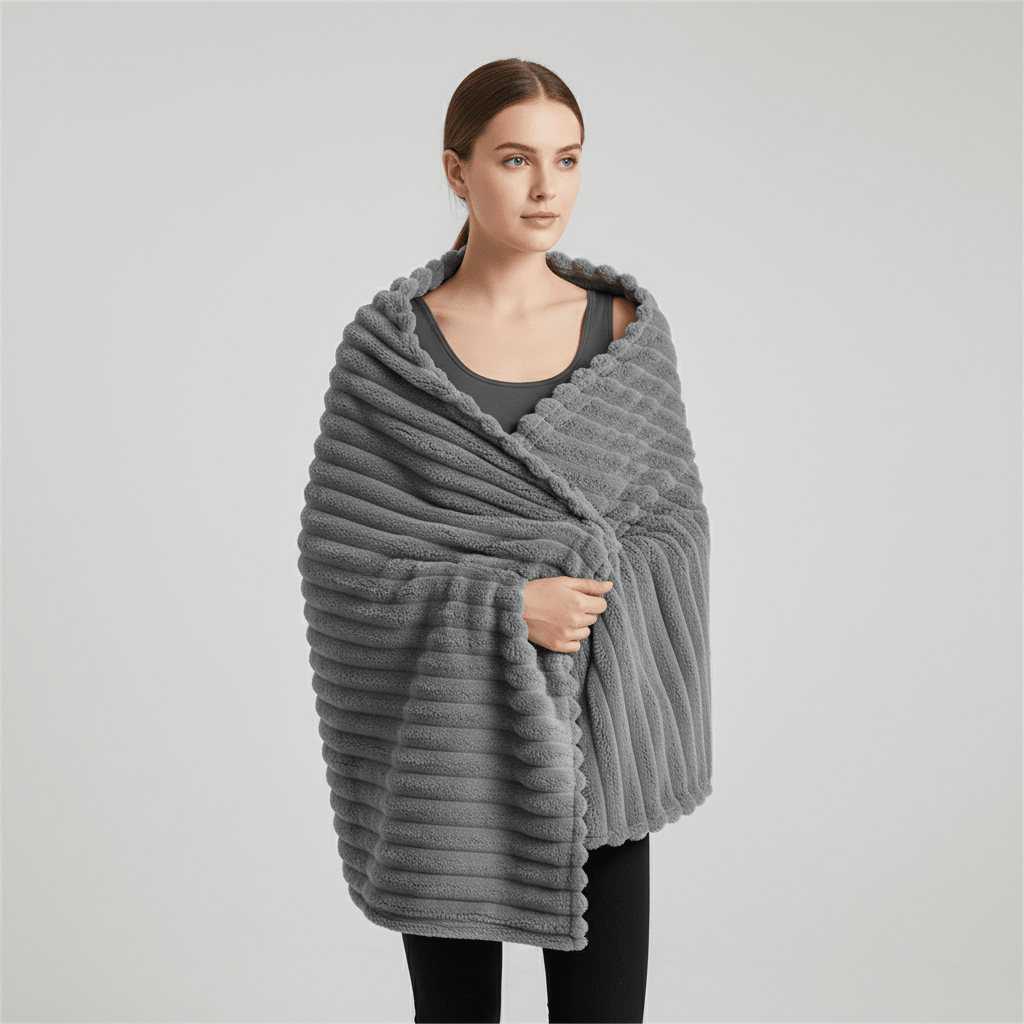 Striped Coral Fleece Blanket - Thick Warm Home Comfort