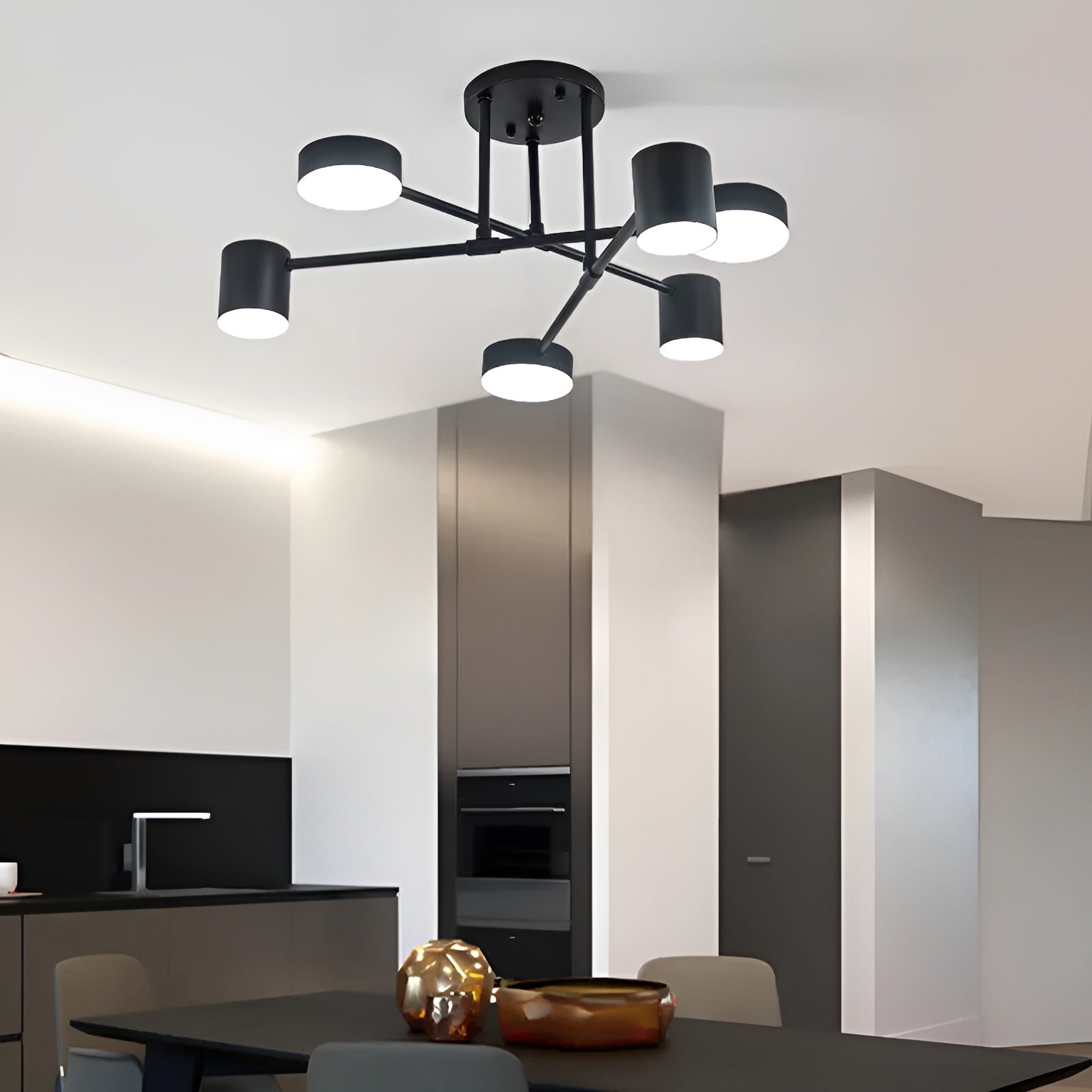 Plafonnier LED 6 Bras Moderne Lumineux | Grandes Salles Noir Lumière Chaude