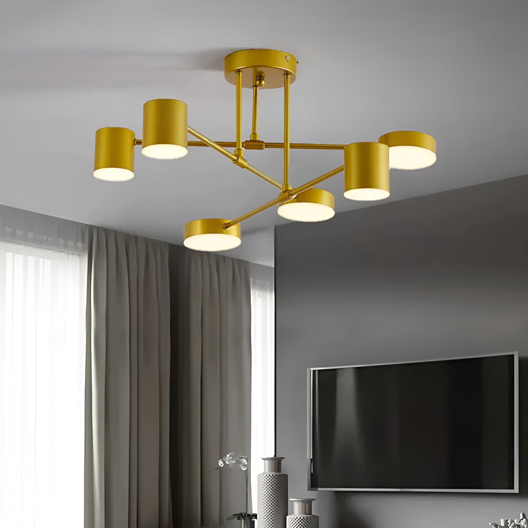 Plafonnier LED 6 Bras Moderne Lumineux | Grandes Salles Noir Lumière Chaude