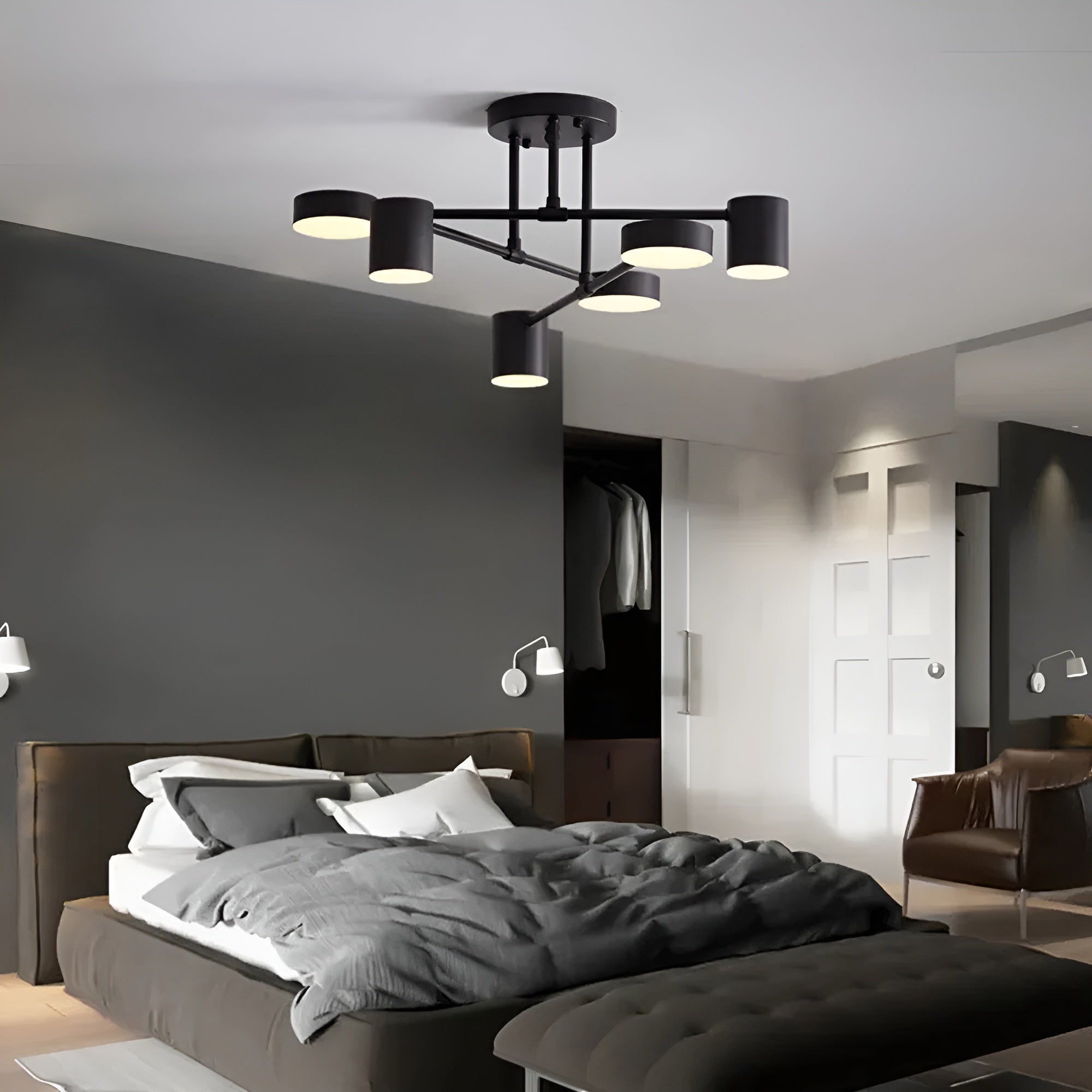 Plafonnier LED 6 Bras Moderne Lumineux | Grandes Salles Noir Lumière Chaude