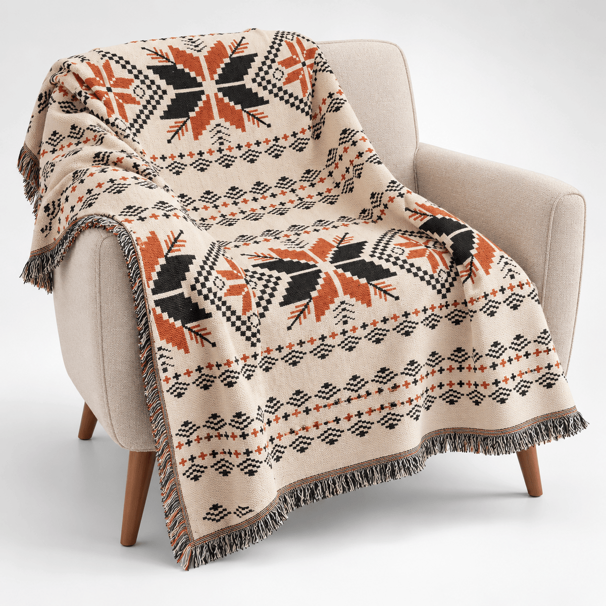 Aztec Oversized Fringed Throw - Ethnic Boho Pattern Blanket