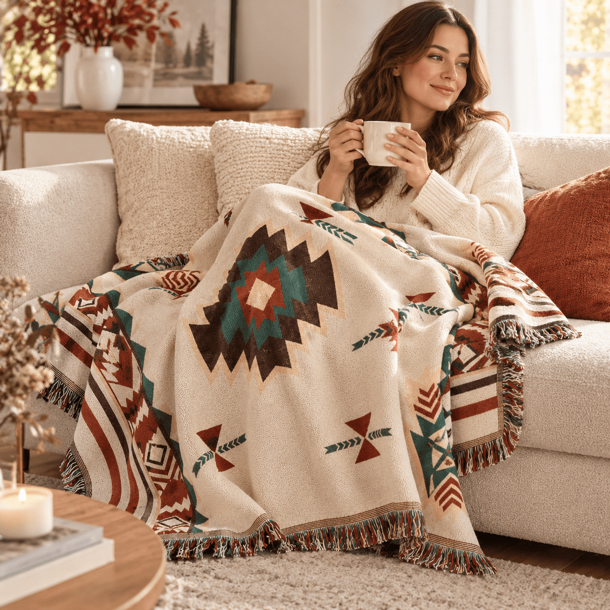 Aztec Oversized Fringed Throw - Ethnic Boho Pattern Blanket