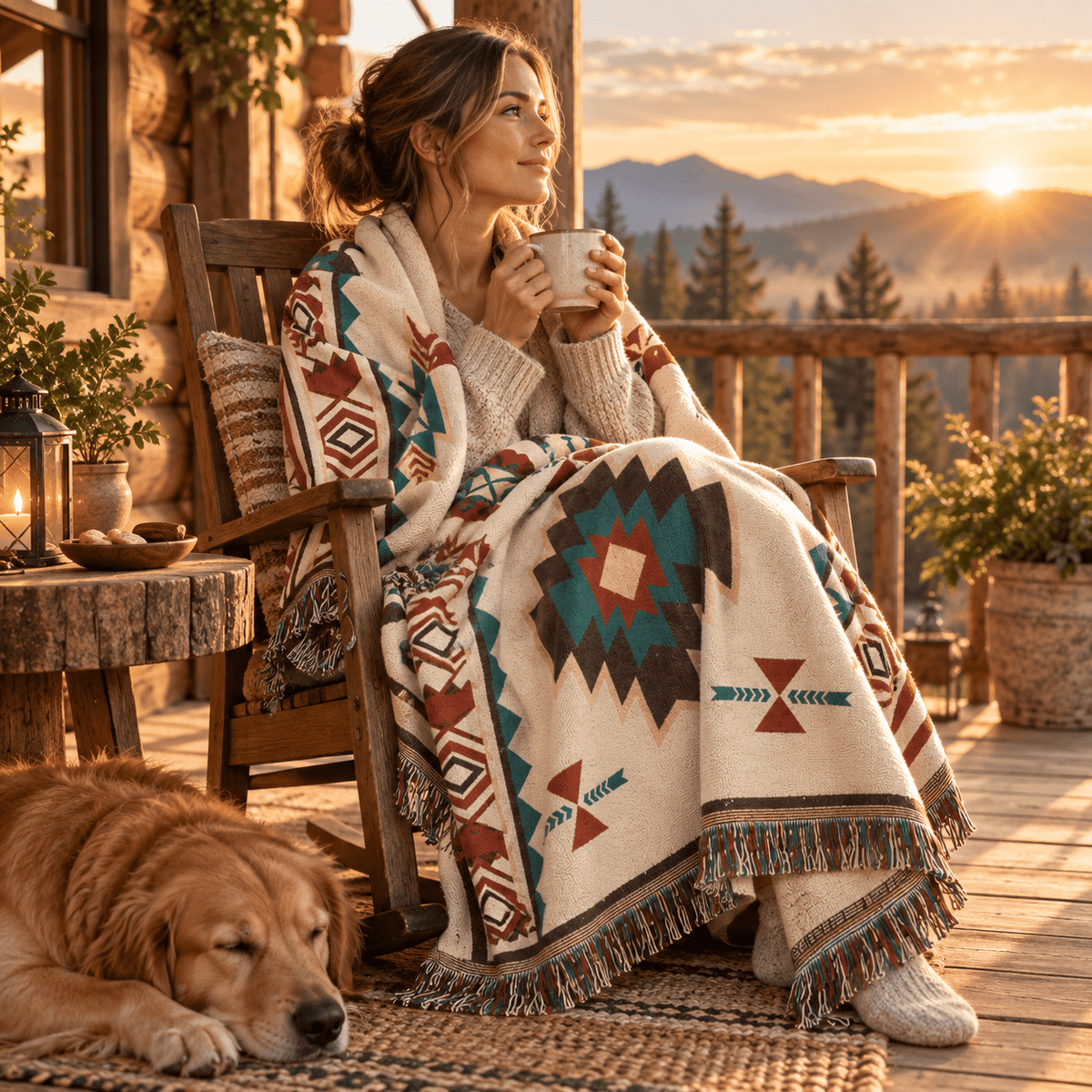 Aztec Oversized Fringed Throw - Ethnic Boho Pattern Blanket