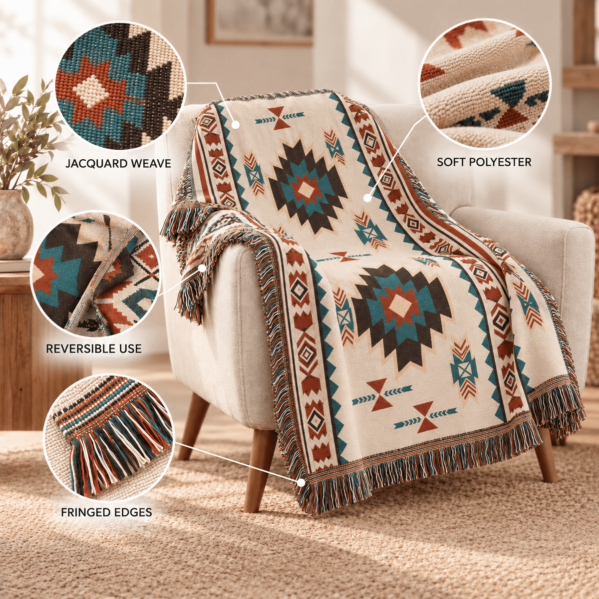Aztec Oversized Fringed Throw - Ethnic Boho Pattern Blanket