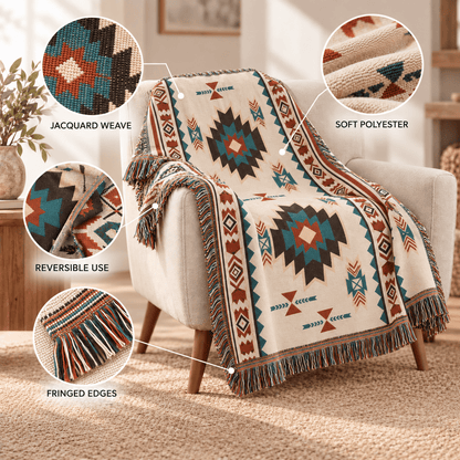 Aztec Oversized Fringed Throw - Ethnic Boho Pattern Blanket