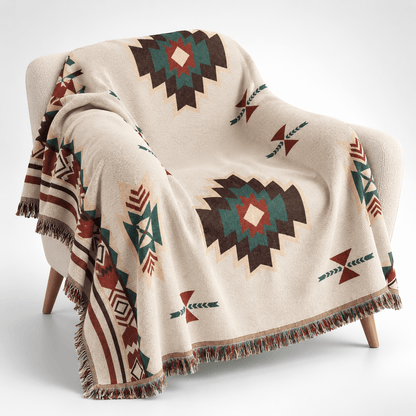 Aztec Oversized Fringed Throw - Ethnic Boho Pattern Blanket