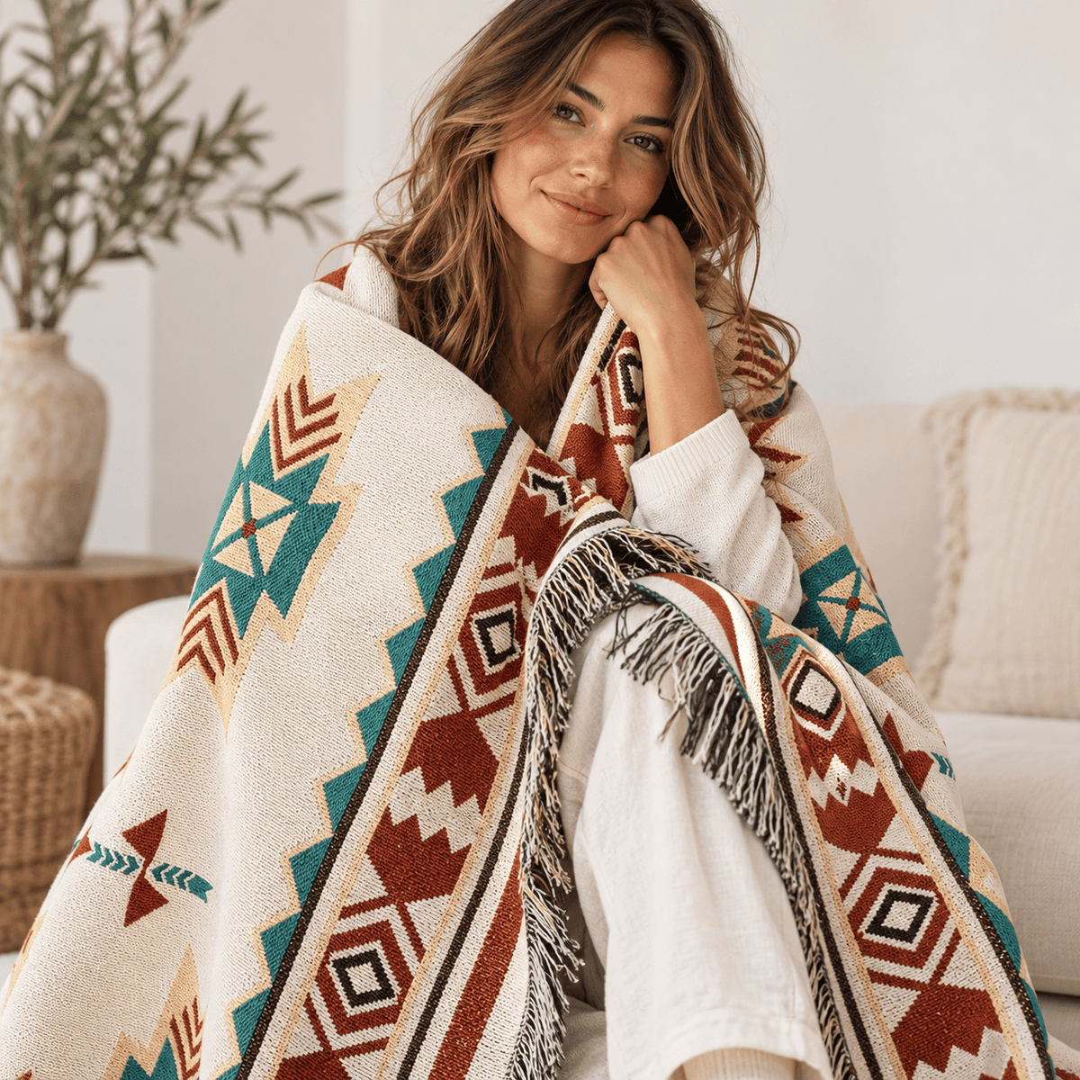Aztec Oversized Fringed Throw - Ethnic Boho Pattern Blanket