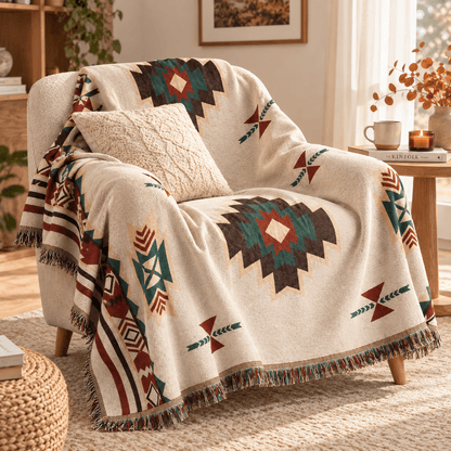 Aztec Oversized Fringed Throw - Ethnic Boho Pattern Blanket