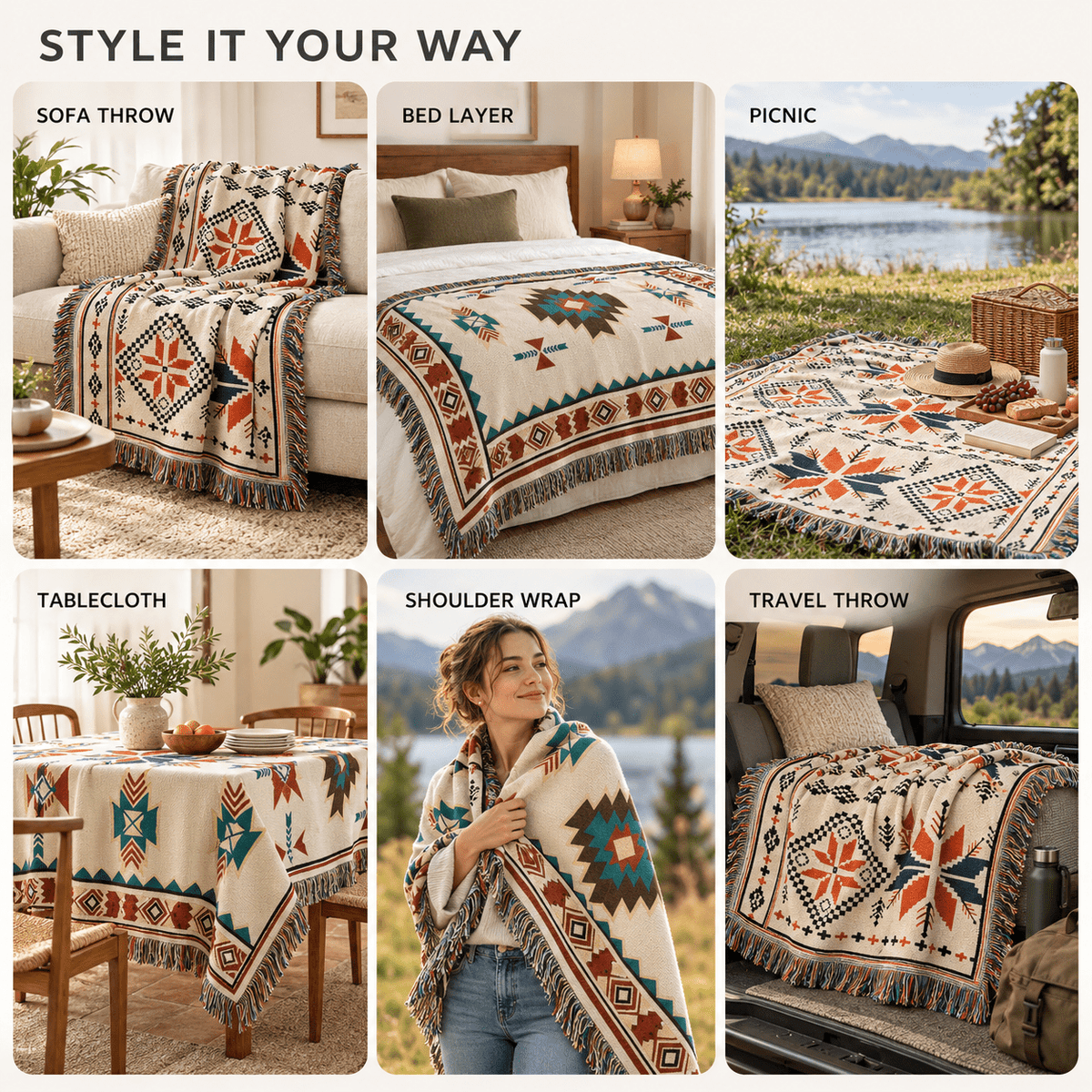 Aztec Oversized Fringed Throw - Ethnic Boho Pattern Blanket