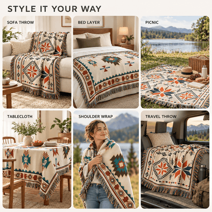 Aztec Oversized Fringed Throw - Ethnic Boho Pattern Blanket