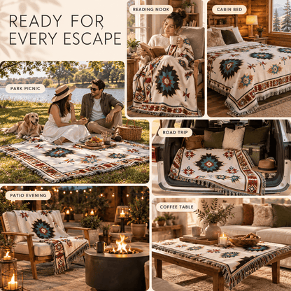 Aztec Oversized Fringed Throw - Ethnic Boho Pattern Blanket