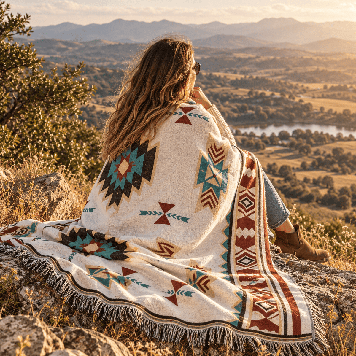Aztec Oversized Fringed Throw - Ethnic Boho Pattern Blanket
