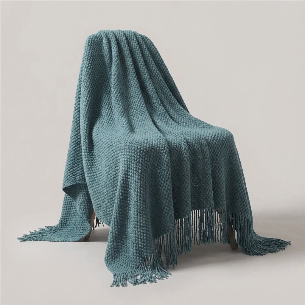 Premium Waffle Throw with Pompoms - Distinctive Thick Texture