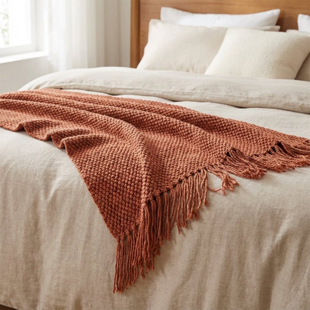 Premium Waffle Throw with Pompoms - Distinctive Thick Texture