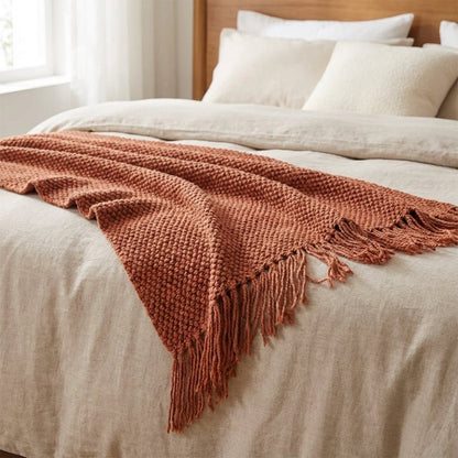 Premium Waffle Throw with Pompoms - Distinctive Thick Texture