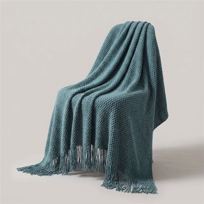 Premium Waffle Throw with Pompoms - Distinctive Thick Texture