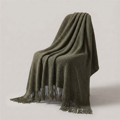 Premium Waffle Throw with Pompoms - Distinctive Thick Texture