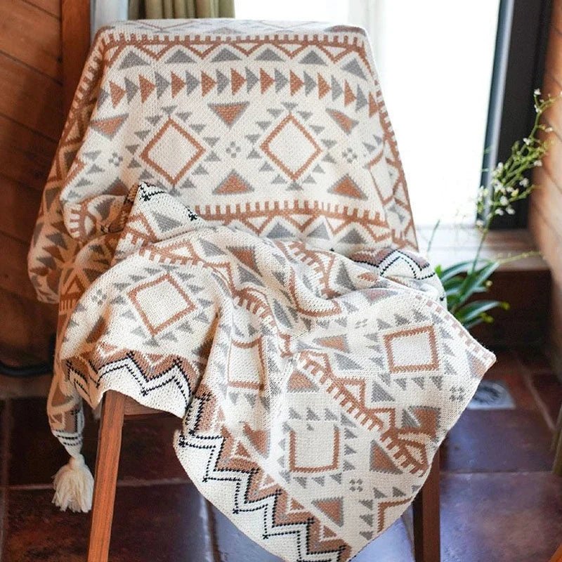 Knitted Boho Pompom Throw - Natural Cosy Beige Decoration