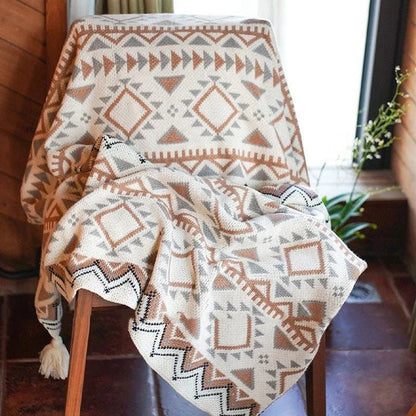 Knitted Boho Pompom Throw - Natural Cosy Beige Decoration