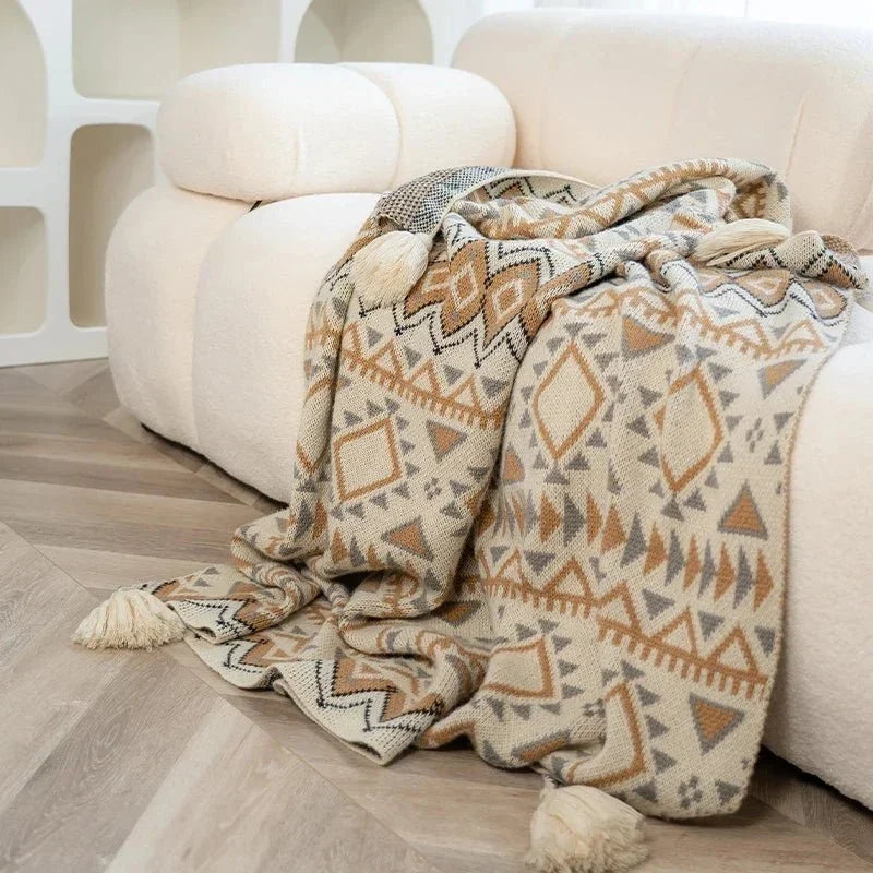 Knitted Boho Pompom Throw - Natural Cosy Beige Decoration