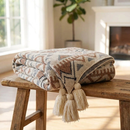 Knitted Boho Pompom Throw - Natural Cosy Beige Decoration